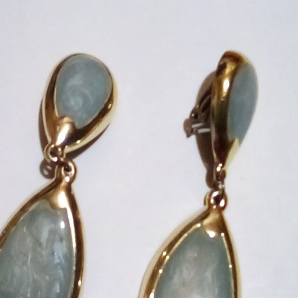 Gold Tone and Green Swirl Drop Earrings - Picture 2 of 5